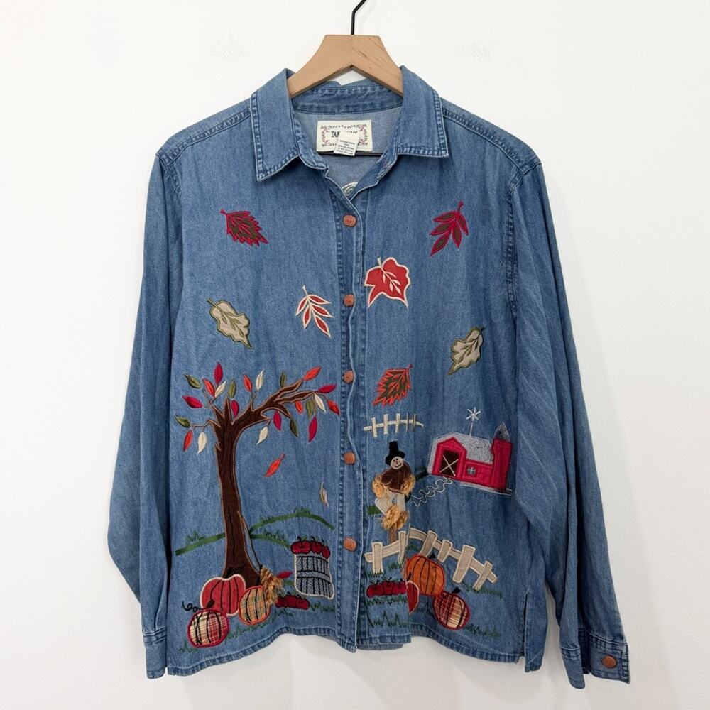 Tantrums Denim Shirt Jacket Women’s Embroidered Autumn Pumpkin Buttons Large